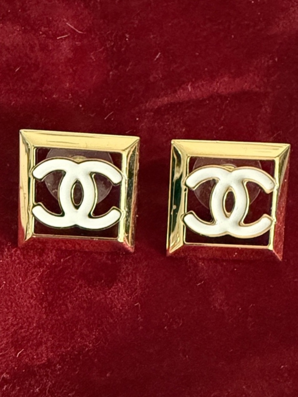 CHANEL Gold and White CC Square Clip-On Earrings